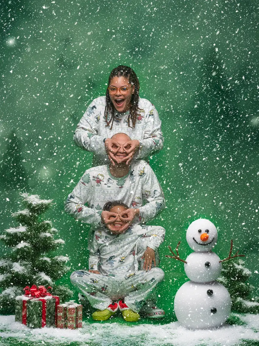 Family of three in matching white Christmas pajamas doing playful peek-a-boo pose with snowman, presents, and falling snow