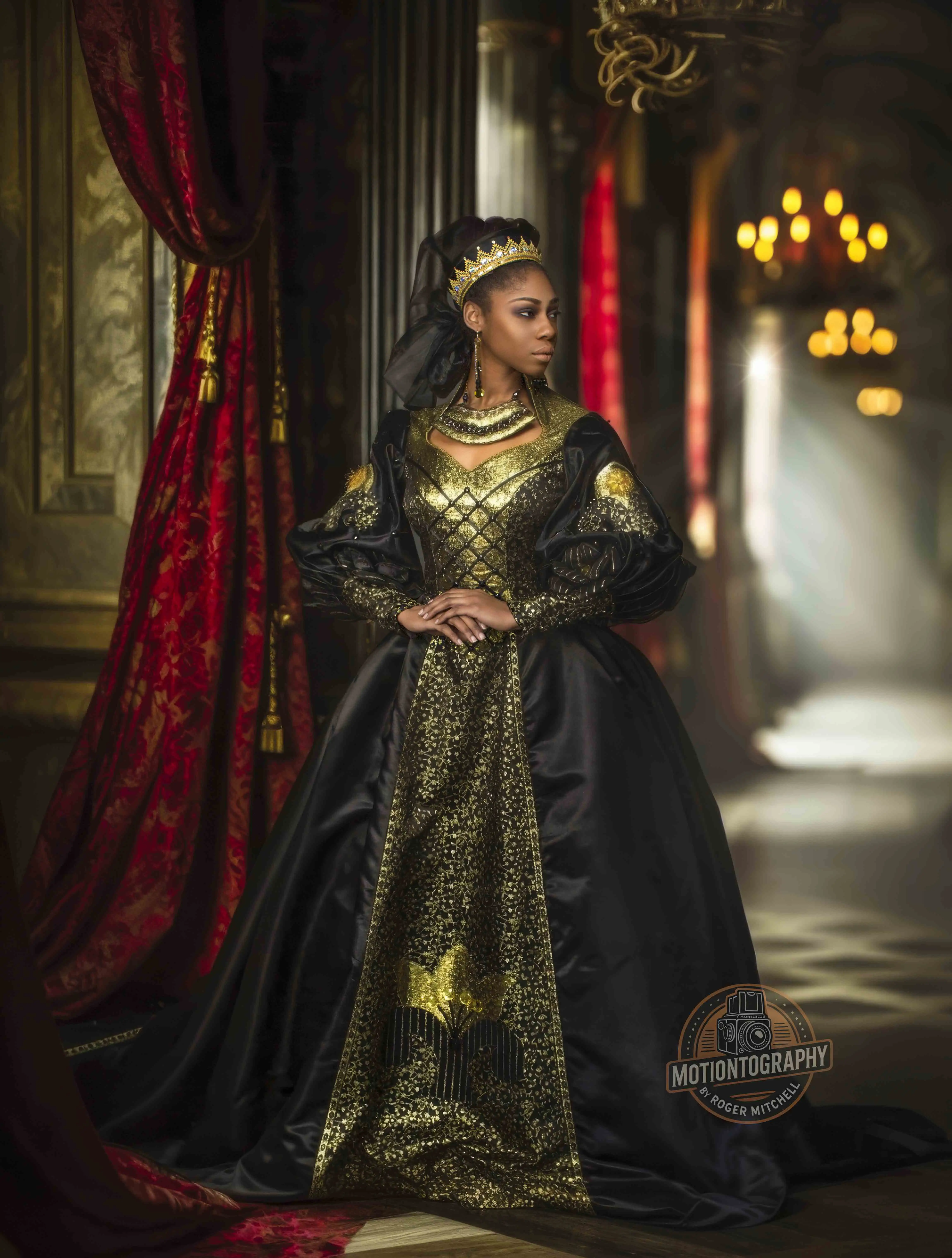 Regal portrait in black and gold gown...