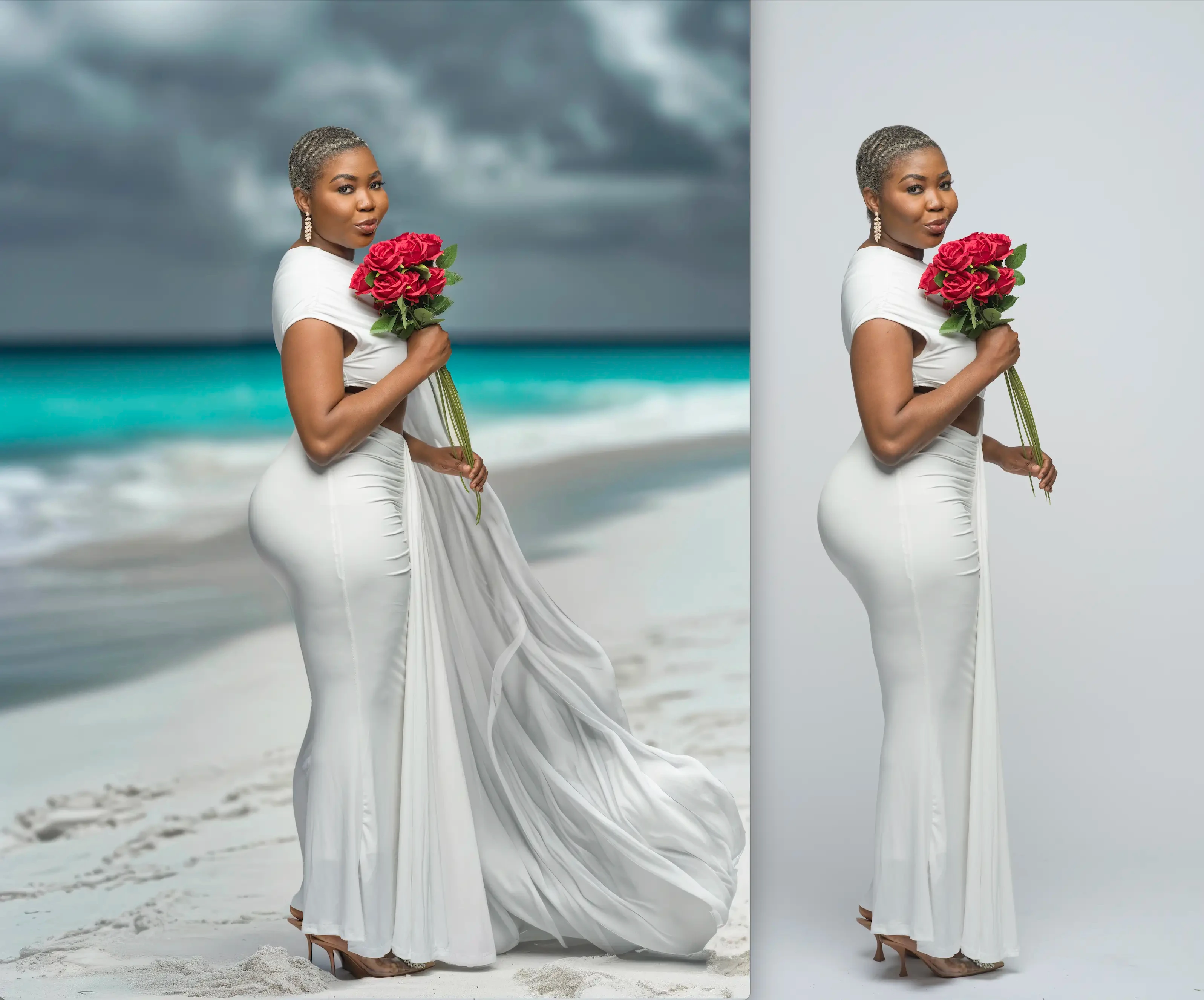 woman portrait beach composite before after by Motiontography