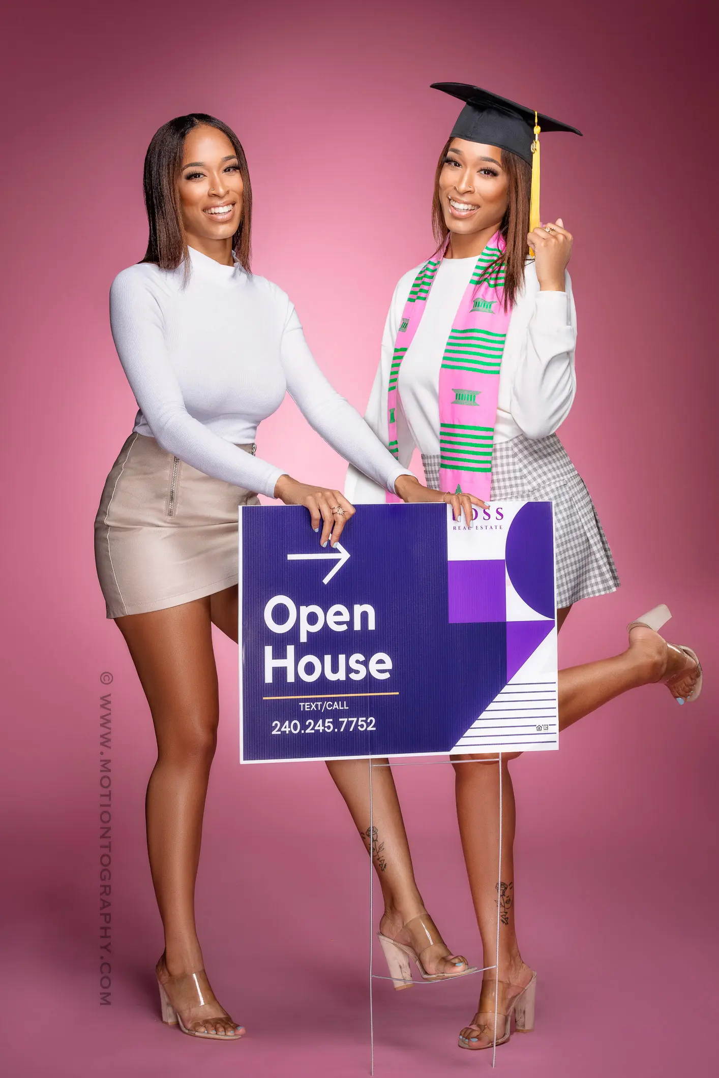 Creative graduation composite featuring a woman holding a Real Estate Open House sign, transitioning from student to realtor with AKA sorority sash.