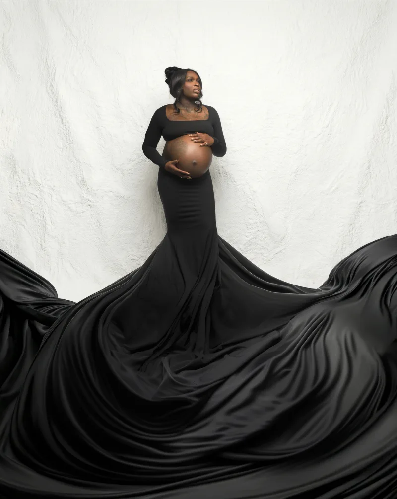 Black flowing-gown fine-art maternity portrait by Motiontography Suffolk VA