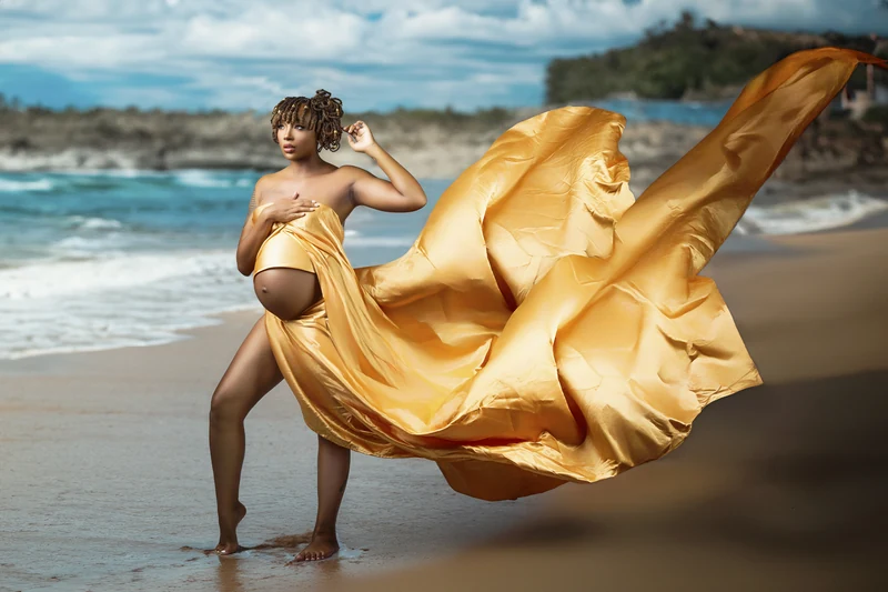golden gown beach maternity composite after Motiontography retouching