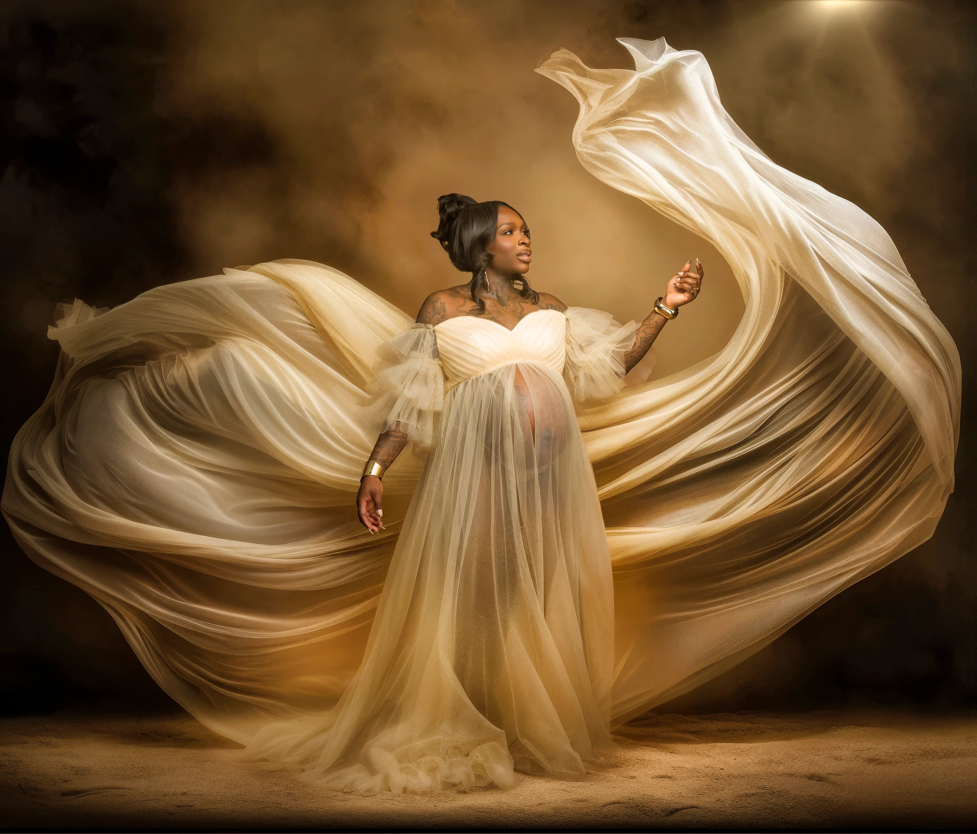 Fine-art maternity photography Hampton Roads with flowing golden tulle