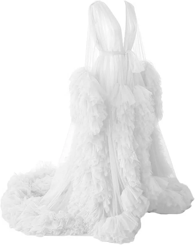 White tulle maternity robe with ruffle train