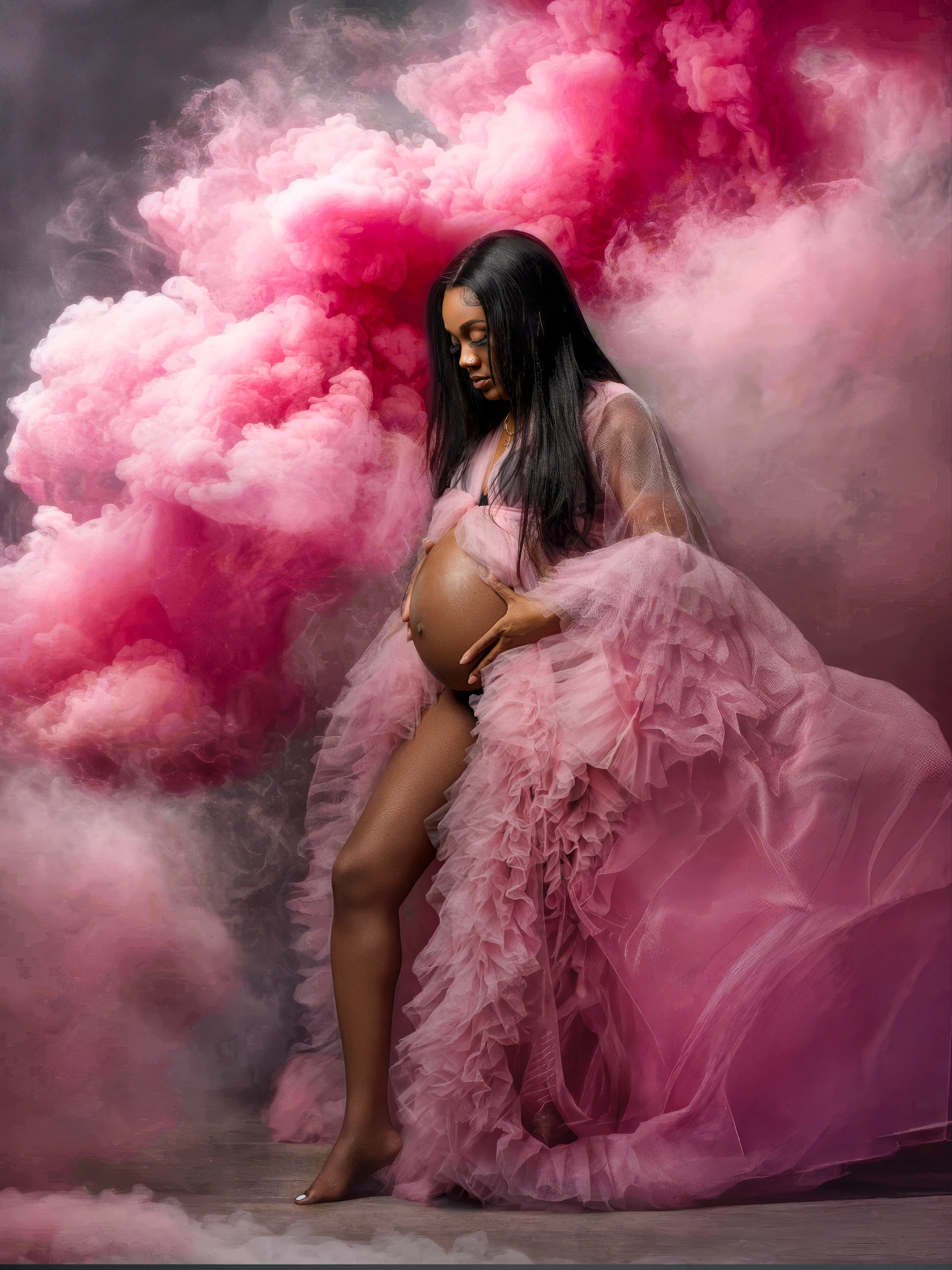 pink smoke tulle maternity portrait after Motiontography retouching